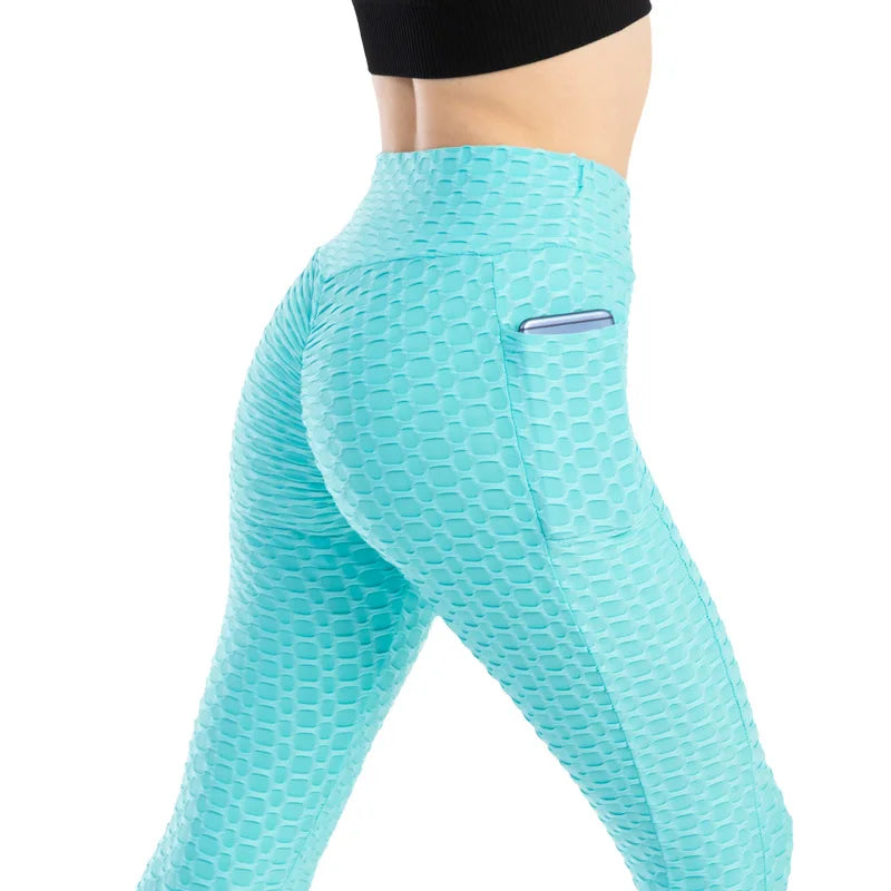Moda feminina bolso bolha calças elásticas magro leggings ginásio correndo ciclismo calças de fitness cintura alta hip lift leggings feminino