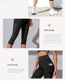 Calções Esportivos de Cintura Alta Hip Lift para Mulheres, Collants Bolsos Laterais, Roupa Esportiva de Ginásio Secagem Rápida, Corrida e Yoga, Calças Cortadas, Fitness e Nudez