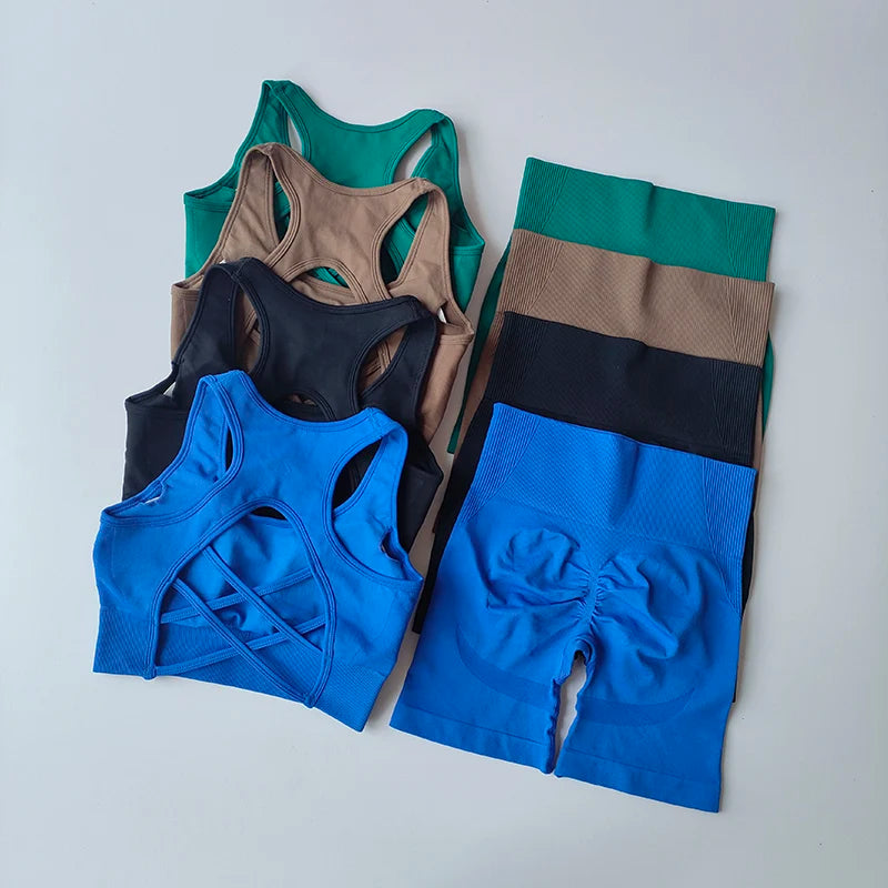 Seamless Yoga Set para Mulheres, Sexy Sutiã Esportivo, Shorts de Cintura Alta, Roupa de Ginásio, Terno sem mangas Fitness, 2 pcs