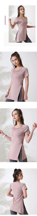 Mulheres camisas de treino manga curta yoga topo ginásio camisas longas lado cordão dividir esportes topo feminino respirável fitness yoga wear
