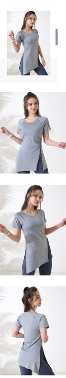 Mulheres camisas de treino manga curta yoga topo ginásio camisas longas lado cordão dividir esportes topo feminino respirável fitness yoga wear