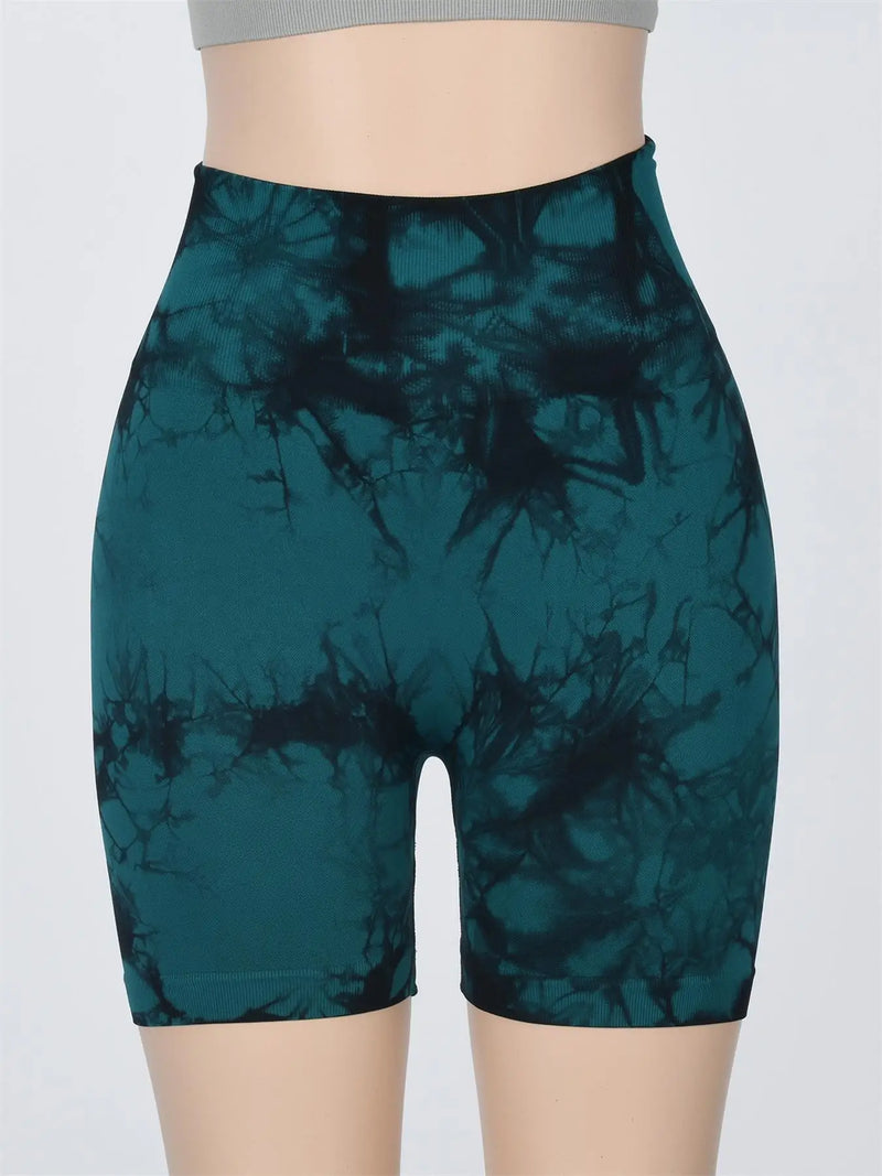 Shorts esportivos femininos com estampa tie-dye e cintura alta, shorts skinny casuais, confortáveis e respiráveis sem costura para ioga, academia, treino