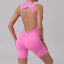 Novo verão costura cor sem costas macacões de yoga com almofadas no peito feminino sem mangas esportes bodysuit hip levantamento treino macacão