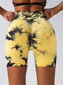 Shorts esportivos femininos com estampa tie-dye e cintura alta, shorts skinny casuais, confortáveis e respiráveis sem costura para ioga, academia, treino