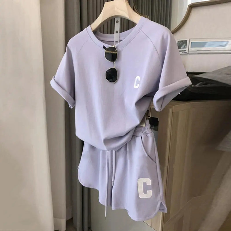 Camiseta estampada com letra feminina e calções com elástico na cintura, agasalho gola O, roupa exercício Lady, verão