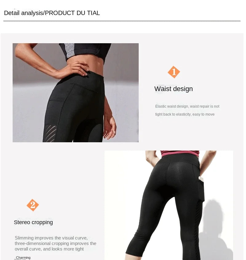 Calções Esportivos de Cintura Alta Hip Lift para Mulheres, Collants Bolsos Laterais, Roupa Esportiva de Ginásio Secagem Rápida, Corrida e Yoga, Calças Cortadas, Fitness e Nudez
