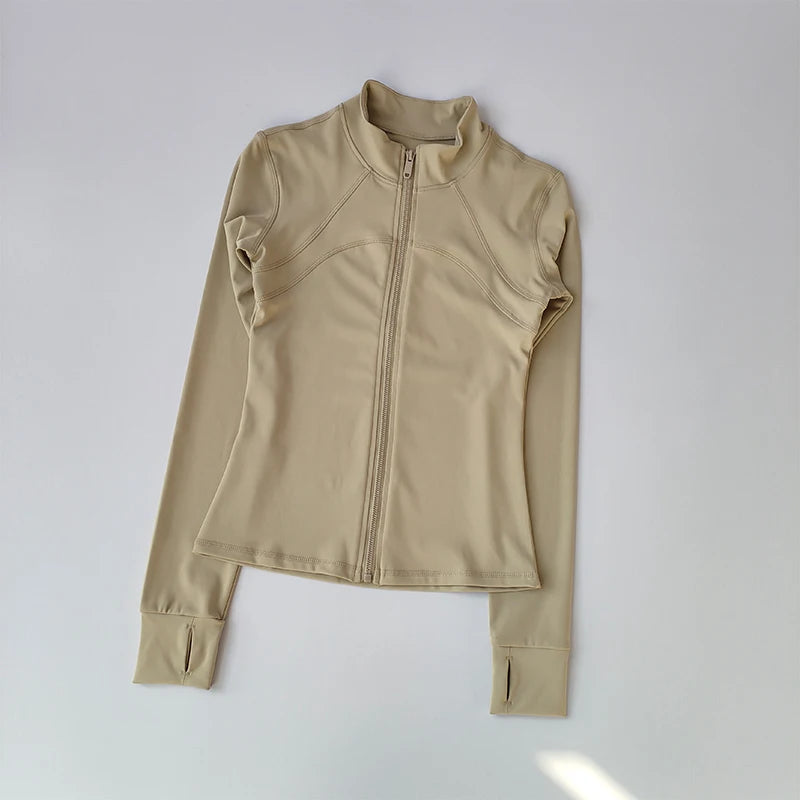 Terno de yoga feminino high-end gola de manga comprida jaqueta esportiva correndo treinamento fitness superior à prova de vento terno de corrida