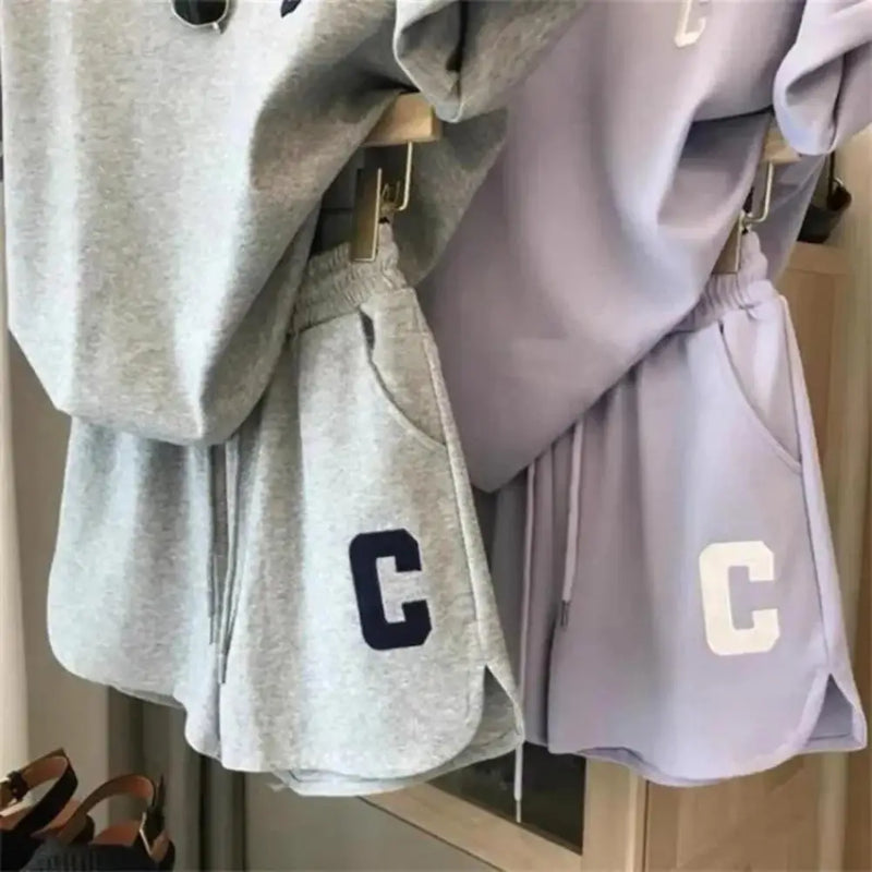 Camiseta estampada com letra feminina e calções com elástico na cintura, agasalho gola O, roupa exercício Lady, verão