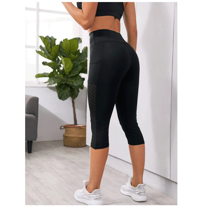 Calções Esportivos de Cintura Alta Hip Lift para Mulheres, Collants Bolsos Laterais, Roupa Esportiva de Ginásio Secagem Rápida, Corrida e Yoga, Calças Cortadas, Fitness e Nudez