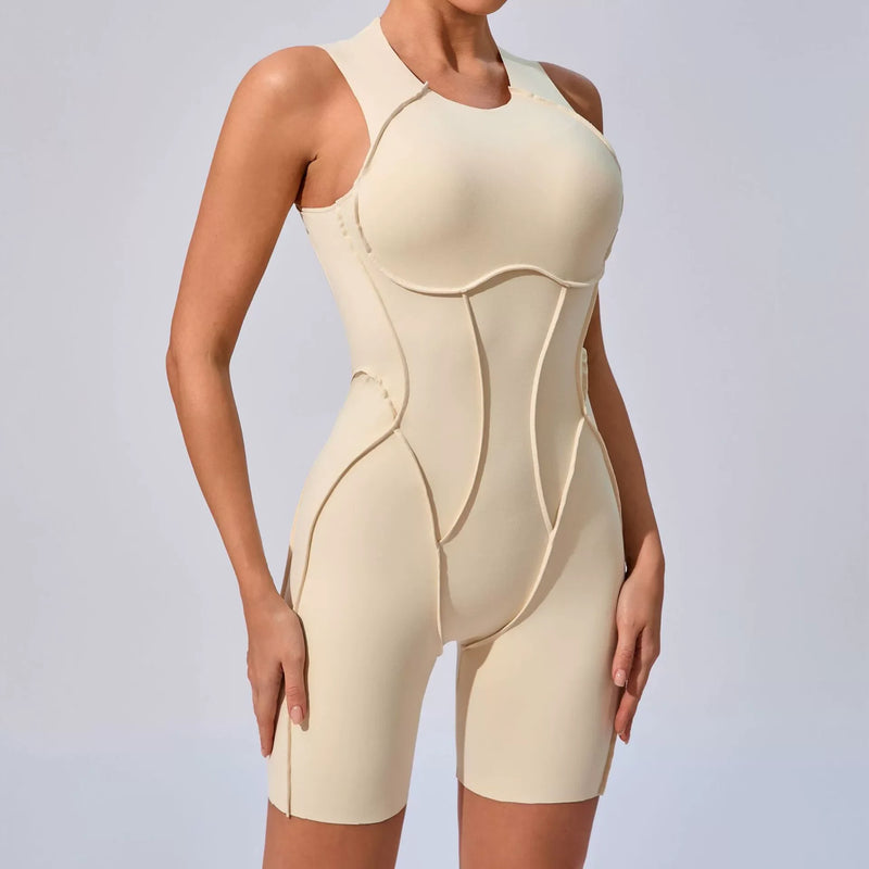 Novo verão costura cor sem costas macacões de yoga com almofadas no peito feminino sem mangas esportes bodysuit hip levantamento treino macacão