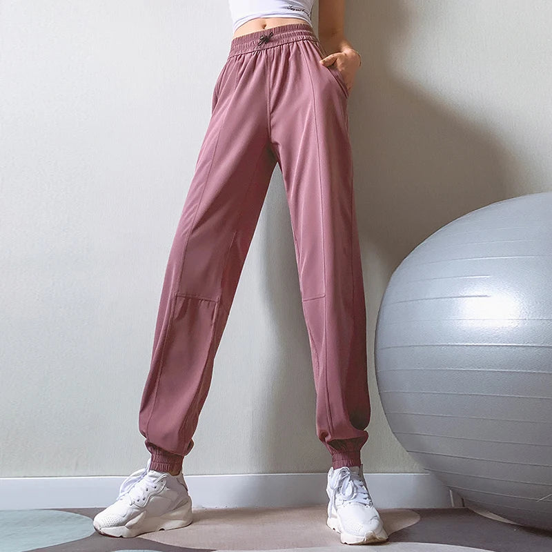 Calças esportivas de fitness mulheres elástico cintura/pé secagem rápida solta ciclismo correndo yoga calças femininas streetwear pantalon femme