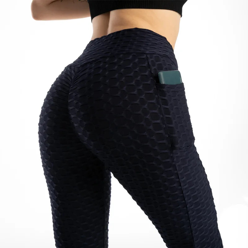 Moda feminina bolso bolha calças elásticas magro leggings ginásio correndo ciclismo calças de fitness cintura alta hip lift leggings feminino