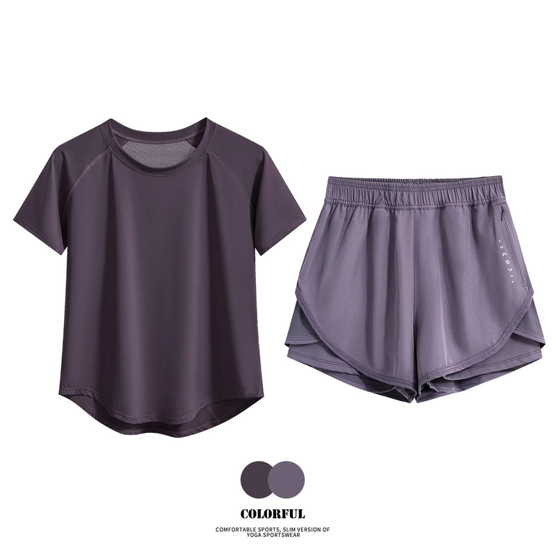 Drur 2 pçs conjunto de ginásio feminino verão roupas esportivas 2 peça manga curta camisa esportiva shorts define jogging terno feminino agasalho novo