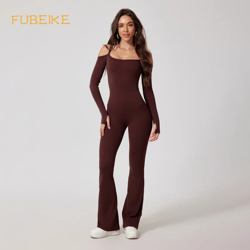Fubeike novo macacão de yoga para esportes volta beleza volta marrom sem costura alça de ombro duplo collants sexy bodysuit de uma peça