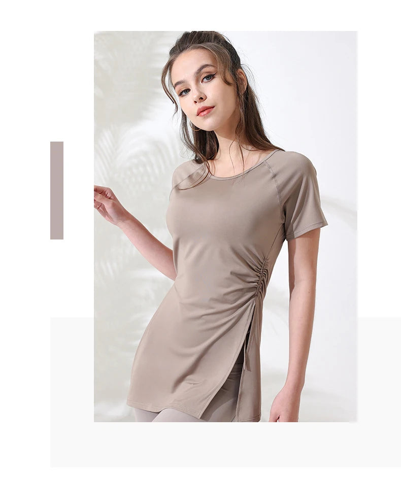 Mulheres camisas de treino manga curta yoga topo ginásio camisas longas lado cordão dividir esportes topo feminino respirável fitness yoga wear