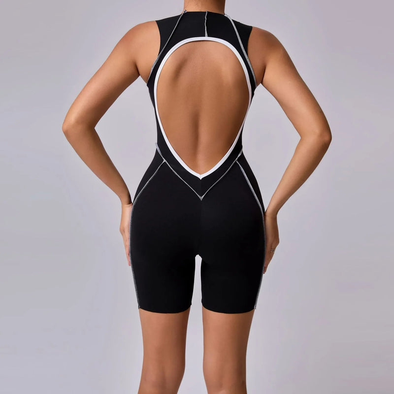 Novo verão costura cor sem costas macacões de yoga com almofadas no peito feminino sem mangas esportes bodysuit hip levantamento treino macacão