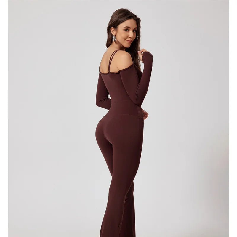 Fubeike novo macacão de yoga para esportes volta beleza volta marrom sem costura alça de ombro duplo collants sexy bodysuit de uma peça
