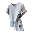 Camiseta estampada com letra feminina e calções com elástico na cintura, agasalho gola O, roupa exercício Lady, verão