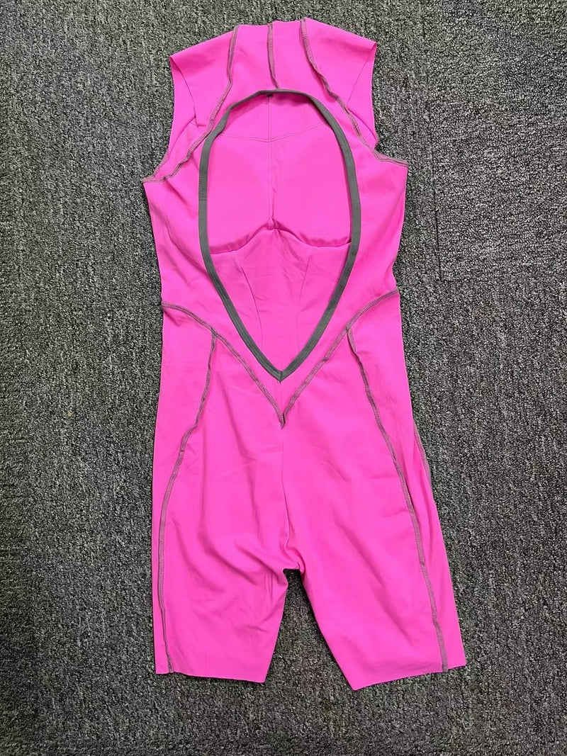 Novo verão costura cor sem costas macacões de yoga com almofadas no peito feminino sem mangas esportes bodysuit hip levantamento treino macacão