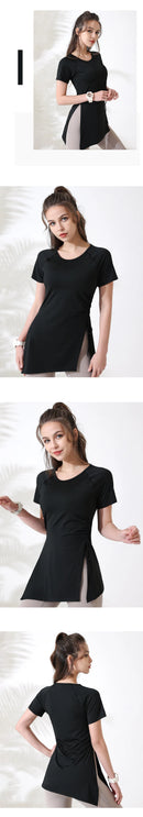 Mulheres camisas de treino manga curta yoga topo ginásio camisas longas lado cordão dividir esportes topo feminino respirável fitness yoga wear