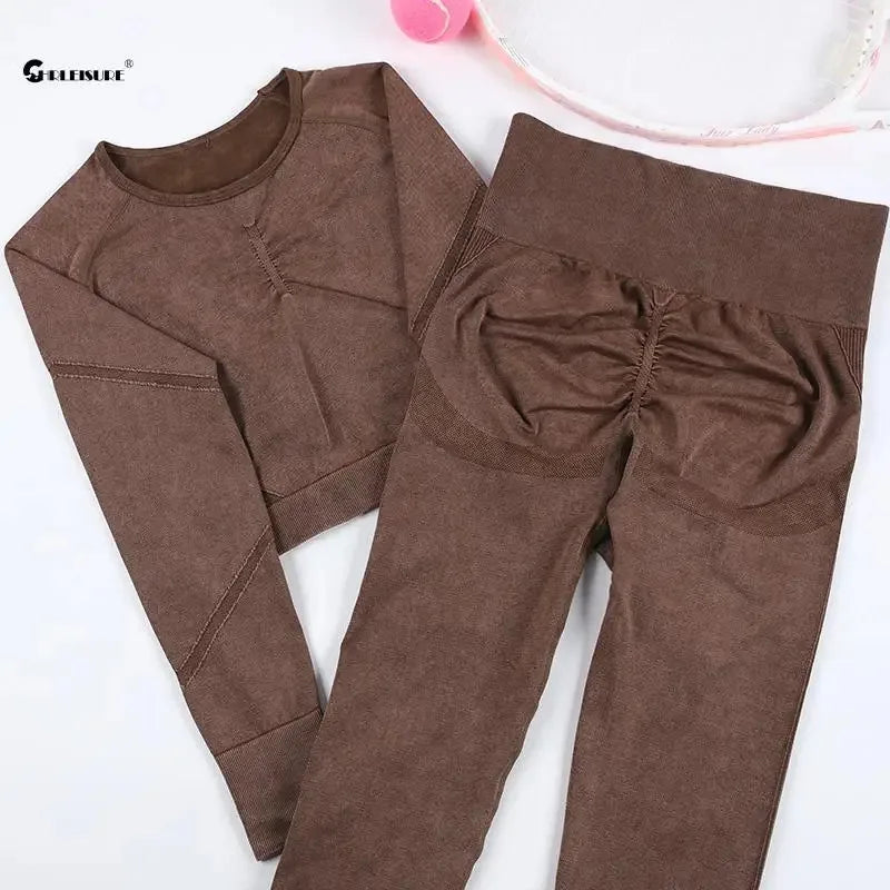 Chrleisure conjunto esportivo de lavagem para mulheres, sem costura, yoga, manga longa, fitness, com levantamento de bunda, leggings de treino, academia