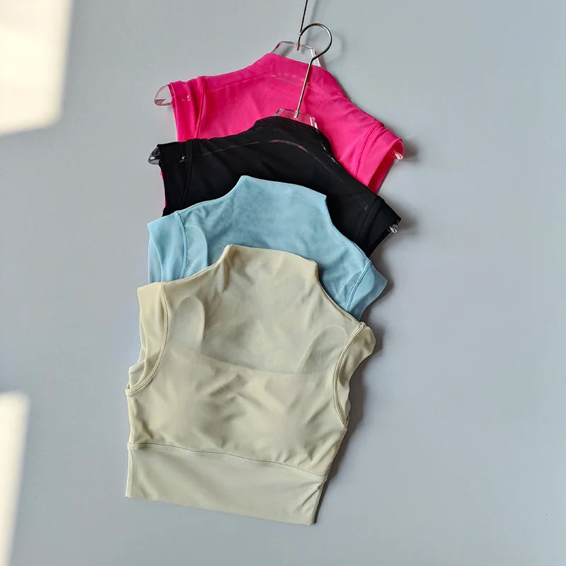 Malha integrada copo voador manga curta anti-rugas esportes yoga fitness conforto almofada no peito wear-free sutiã suspender topo