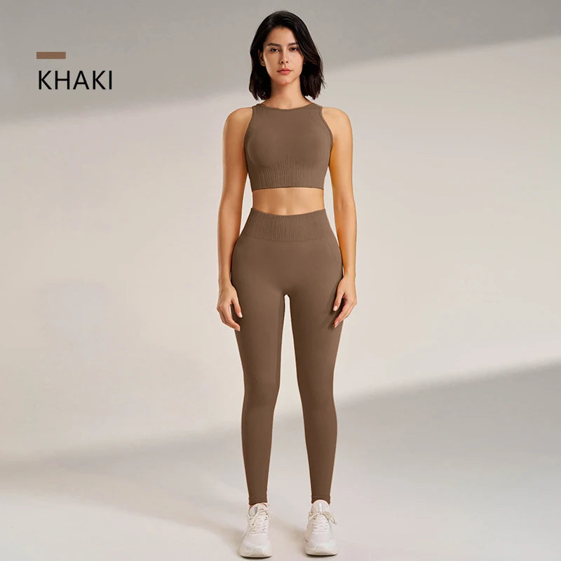 Conjunto de roupas de yoga feminino cintura alta leggings e topo duas peças sem costura roupas de exercício de fitness roupa interior de fitness plus size