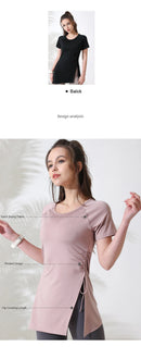 Mulheres camisas de treino manga curta yoga topo ginásio camisas longas lado cordão dividir esportes topo feminino respirável fitness yoga wear