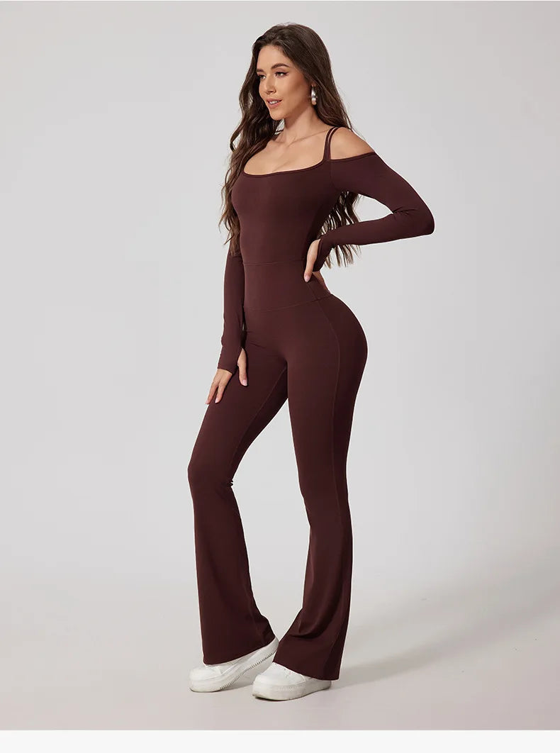 Fubeike novo macacão de yoga para esportes volta beleza volta marrom sem costura alça de ombro duplo collants sexy bodysuit de uma peça