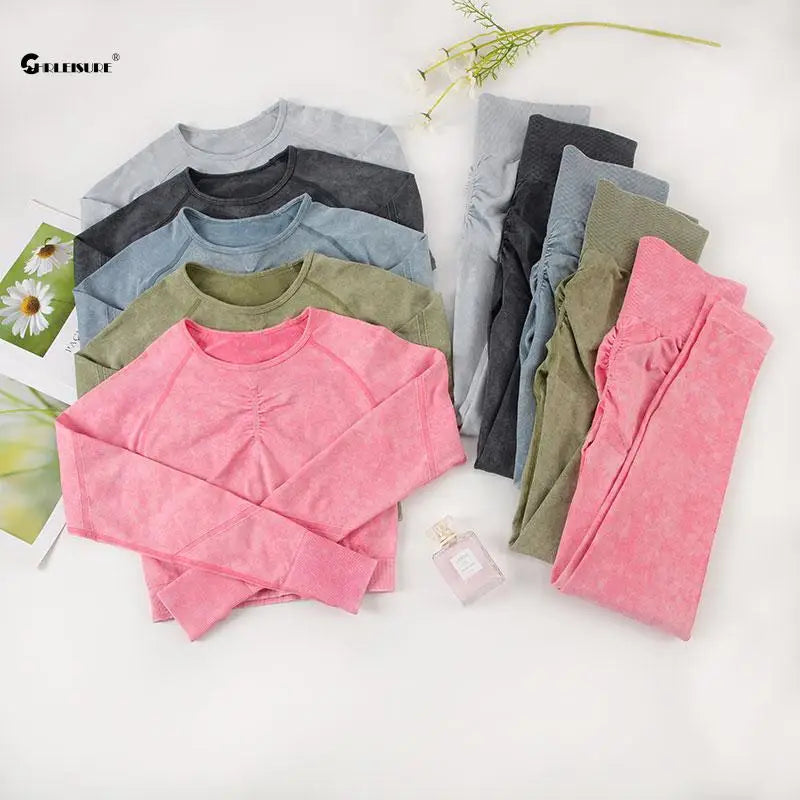 Chrleisure conjunto esportivo de lavagem para mulheres, sem costura, yoga, manga longa, fitness, com levantamento de bunda, leggings de treino, academia