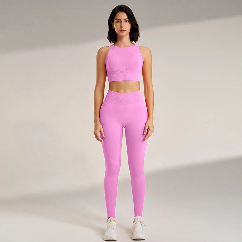 Conjunto de roupas de yoga feminino cintura alta leggings e topo duas peças sem costura roupas de exercício de fitness roupa interior de fitness plus size
