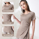 Mulheres camisas de treino manga curta yoga topo ginásio camisas longas lado cordão dividir esportes topo feminino respirável fitness yoga wear