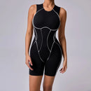 Novo verão costura cor sem costas macacões de yoga com almofadas no peito feminino sem mangas esportes bodysuit hip levantamento treino macacão