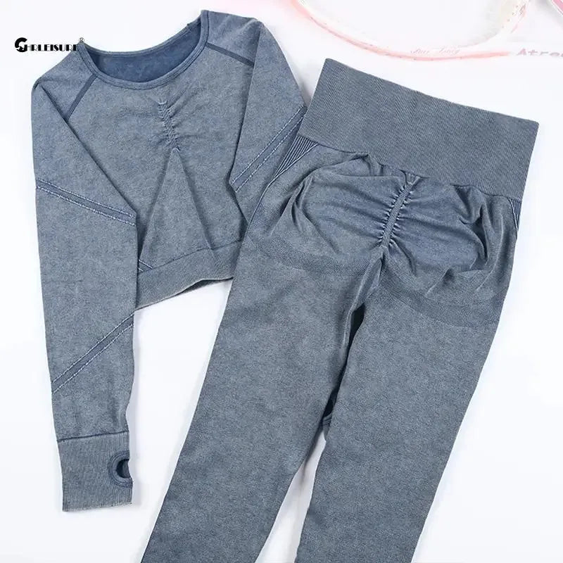 Chrleisure conjunto esportivo de lavagem para mulheres, sem costura, yoga, manga longa, fitness, com levantamento de bunda, leggings de treino, academia