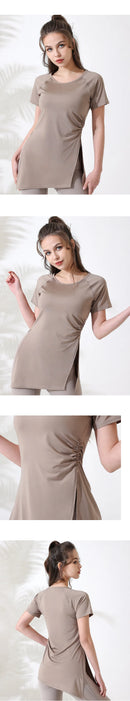 Mulheres camisas de treino manga curta yoga topo ginásio camisas longas lado cordão dividir esportes topo feminino respirável fitness yoga wear