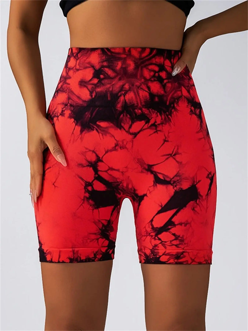 Shorts esportivos femininos com estampa tie-dye e cintura alta, shorts skinny casuais, confortáveis e respiráveis sem costura para ioga, academia, treino