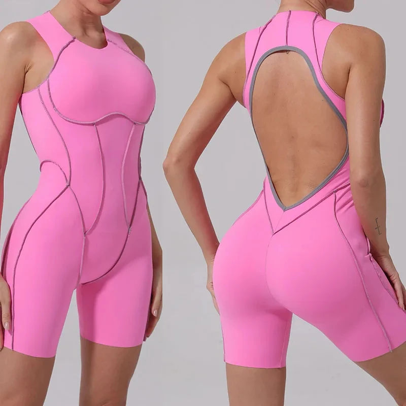 Novo verão costura cor sem costas macacões de yoga com almofadas no peito feminino sem mangas esportes bodysuit hip levantamento treino macacão