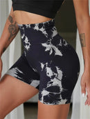 Shorts esportivos femininos com estampa tie-dye e cintura alta, shorts skinny casuais, confortáveis e respiráveis sem costura para ioga, academia, treino