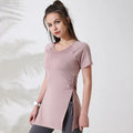 Mulheres camisas de treino manga curta yoga topo ginásio camisas longas lado cordão dividir esportes topo feminino respirável fitness yoga wear