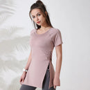 Mulheres camisas de treino manga curta yoga topo ginásio camisas longas lado cordão dividir esportes topo feminino respirável fitness yoga wear