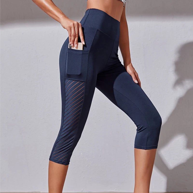 Calções Esportivos de Cintura Alta Hip Lift para Mulheres, Collants Bolsos Laterais, Roupa Esportiva de Ginásio Secagem Rápida, Corrida e Yoga, Calças Cortadas, Fitness e Nudez