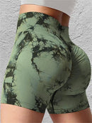 Shorts esportivos femininos com estampa tie-dye e cintura alta, shorts skinny casuais, confortáveis e respiráveis sem costura para ioga, academia, treino