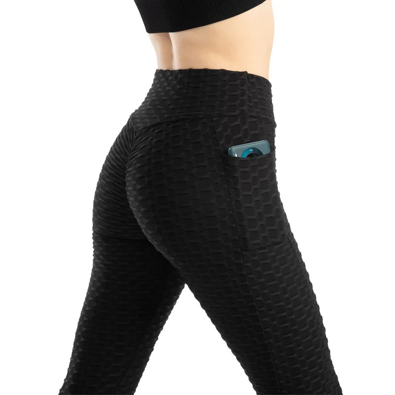 Moda feminina bolso bolha calças elásticas magro leggings ginásio correndo ciclismo calças de fitness cintura alta hip lift leggings feminino