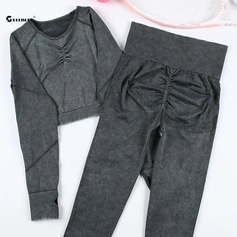 Chrleisure 2 pçs lavagem yoga terno sem costura roupa de treino esportes topo com levantamento de bunda ginásio ruched collants elástico activewear
