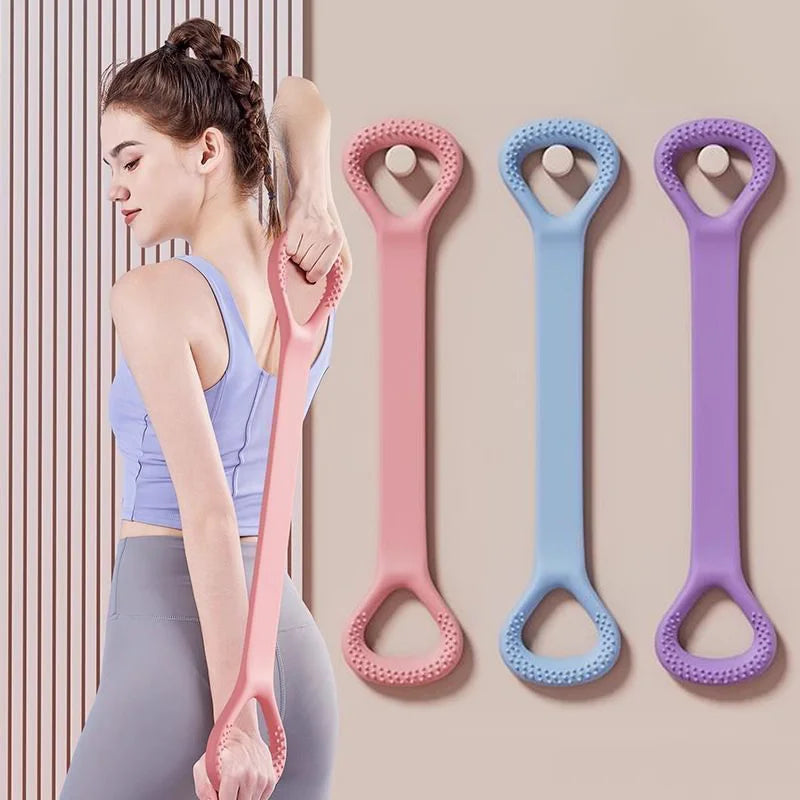 Maca em forma de 8 para fitness em casa, modelagem nas costas, faixa elástica com ombro aberto e faixa de alongamento nas costas para exercícios no ombro