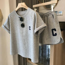 Camiseta estampada com letra feminina e calções com elástico na cintura, agasalho gola O, roupa exercício Lady, verão