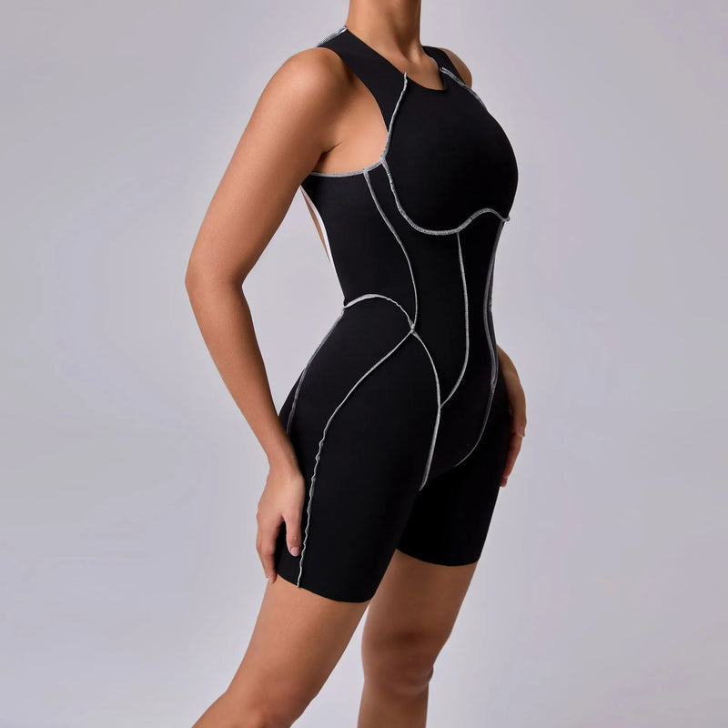 Novo verão costura cor sem costas macacões de yoga com almofadas no peito feminino sem mangas esportes bodysuit hip levantamento treino macacão