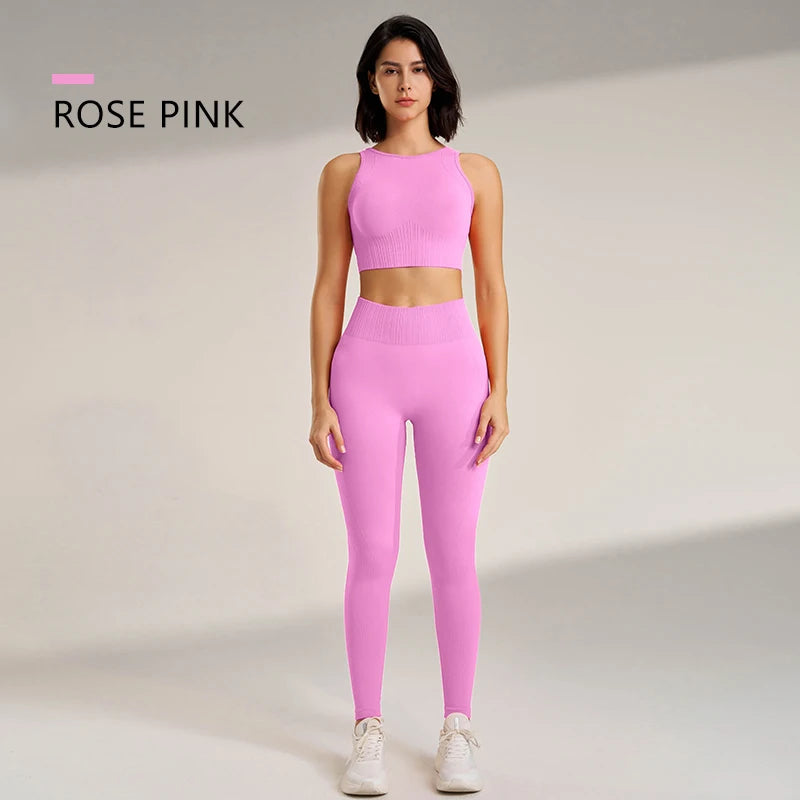 Conjunto de roupas de yoga feminino cintura alta leggings e topo duas peças sem costura roupas de exercício de fitness roupa interior de fitness plus size
