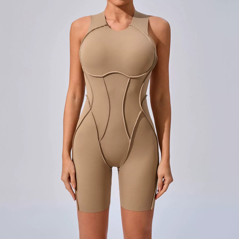 Novo verão costura cor sem costas macacões de yoga com almofadas no peito feminino sem mangas esportes bodysuit hip levantamento treino macacão