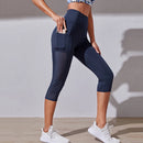 Calções Esportivos de Cintura Alta Hip Lift para Mulheres, Collants Bolsos Laterais, Roupa Esportiva de Ginásio Secagem Rápida, Corrida e Yoga, Calças Cortadas, Fitness e Nudez
